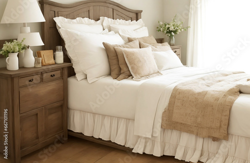 Rustic bedside chiffonier abreast bed with biscuit pillows of avant garde bedroom. photo