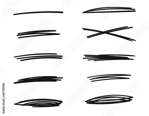 Set of hand doodles. Collection of doodle marker strips. Doodle underline text. Dividers for drawing with your own hands. Vector illustration isolated on transparent background.