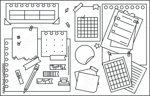 Set of line paper, sticky note, reminder, to-do list, sticky tape and pins. Bullet journal elements in doodle style. Vector illustration on white background