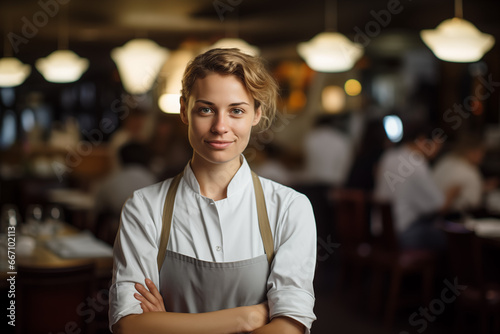 portrait of smiling blond waitress server in restaurant wearing white shirt and apron with folded arms