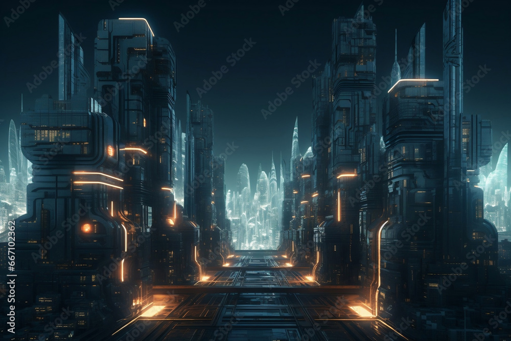 Futuristic metropolis with two connected city towers at night generative ai