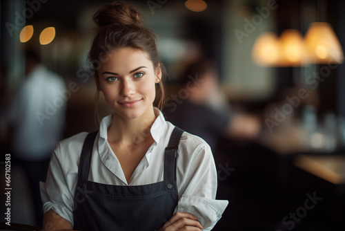 portrait of smiling waitress server in restaurant wearing white shirt and apron with folded arms