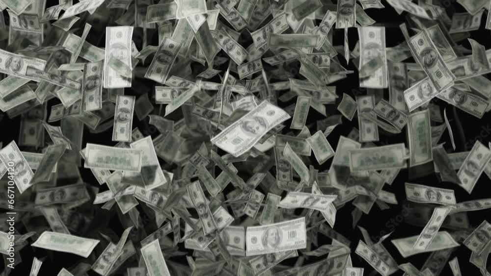 3D illustration of the 100 dollar bills banknotes falling on a black background