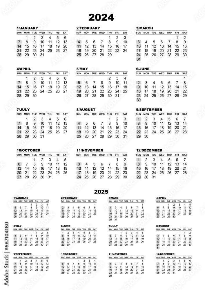 Simple design color easily changeable 2024 calendar. with 2025 calendar