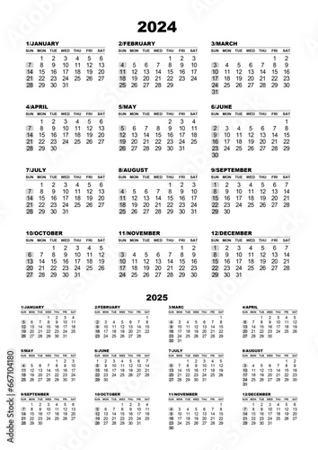 Simple design color easily changeable 2024 calendar. with 2025 calendar