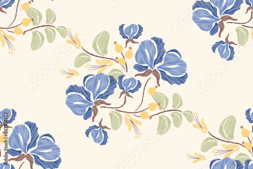 Pattern embroidery ethnic floral seamless. Flower motifs paisley print template. Blue watercolour flowers ikat design hand drawn. Vector illustration. 
