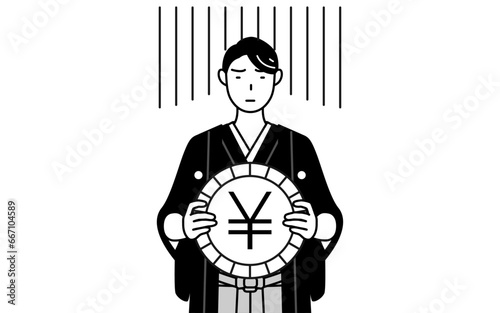 Man wearing Hakama with crest an image of exchange loss or yen depreciation