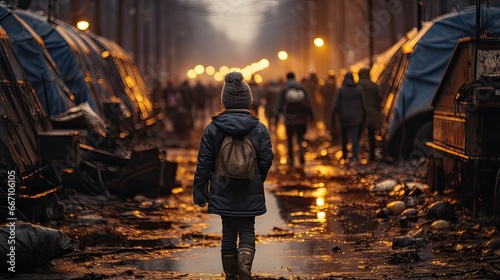 A little child walking in the city center at the sunset with other people