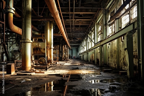 An abandoned industrial facility featuring broken pipes, windows and a scene of decay