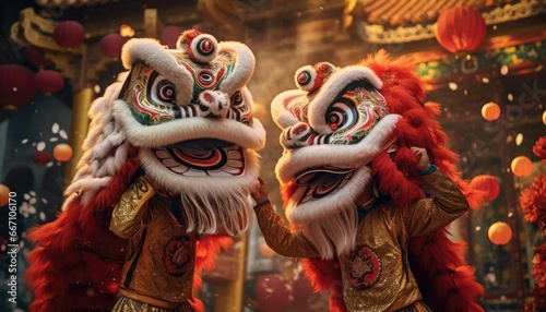 skilled lion dance troupe performing on a traditional chinese. happy new year's © Daunhijauxx