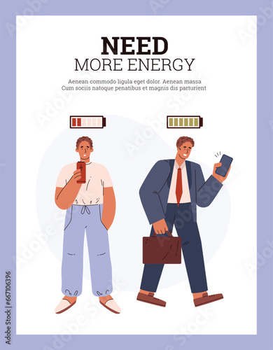 Tired, sleepy man and happy active businessman with full and low battery, Energy drink advertising vector poster