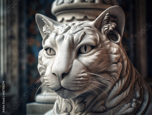 Portrait of a white Marble cat statue
