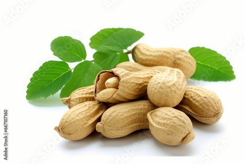 Shelled Peanut with Leaves Isolated on White Background. AI generated