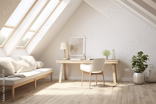 Attic floor with Scandinavian simplicity. Neutral tones, plants, and minimalist decor