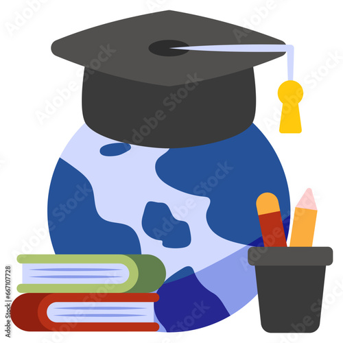 Globe with mortarboard, flat design of global learning 