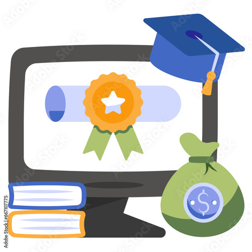 Paper with badge, flat design of online degree icon