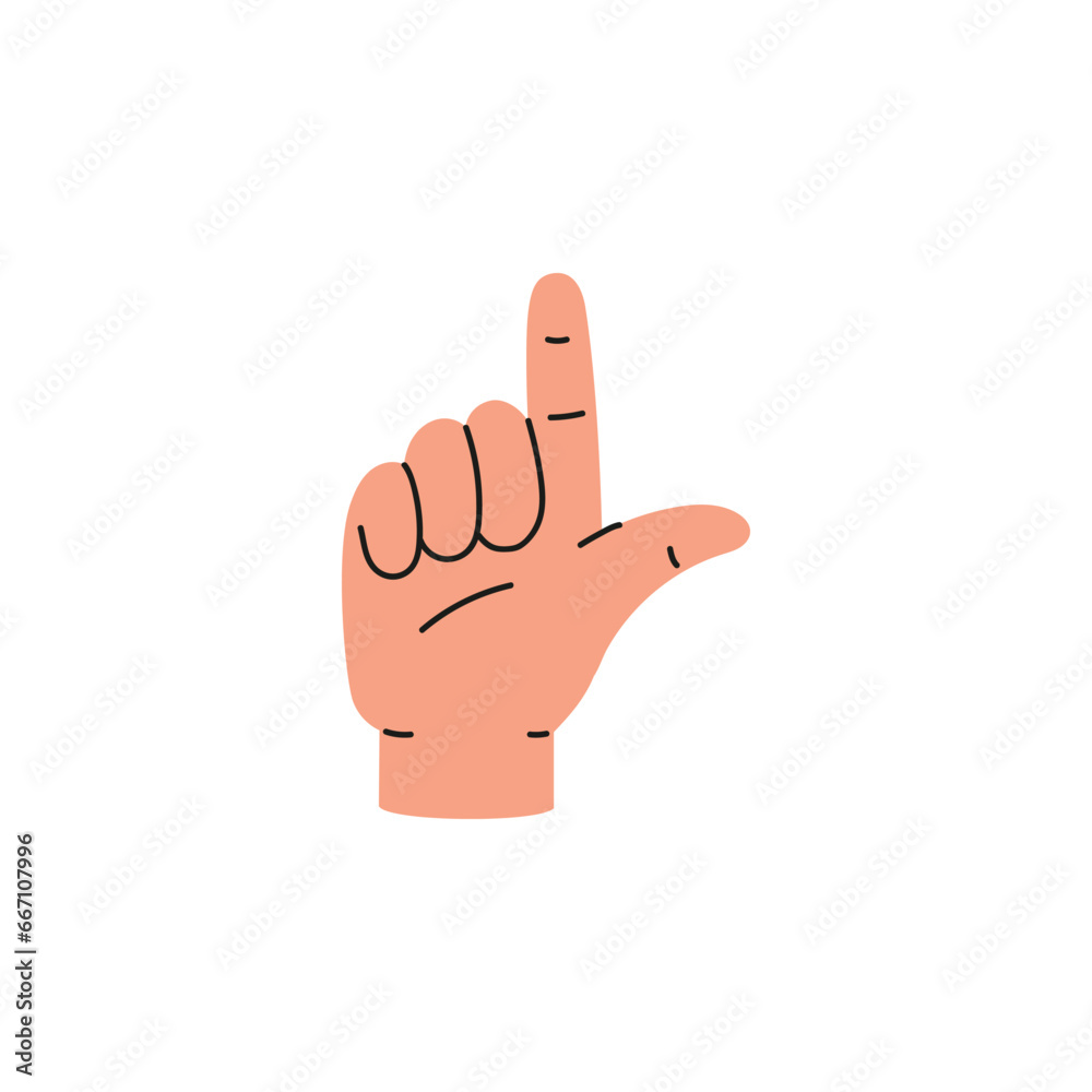 The drawing of a human hand, the L letter of the alphabet in sign language, vector hand language of deaf-mutes, ASL