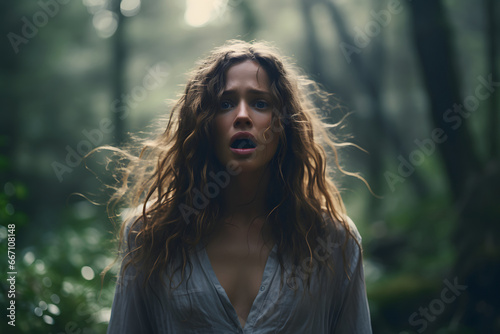 Long haired Caucasian woman lost in summer forest at day. Neural network generated image. Not based on any actual person or scene.