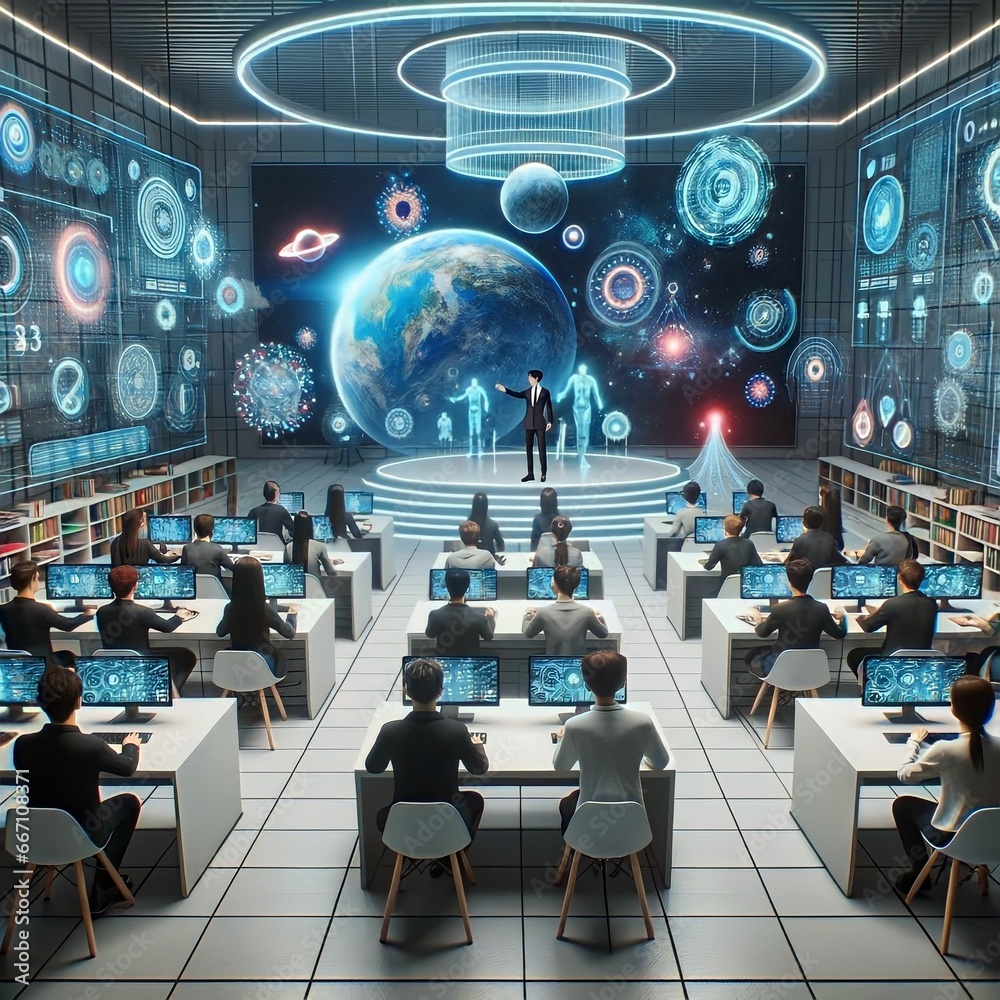 Obraz premium photo of a modern classroom where students are learning through immersive virtual reality environments, with holographic displays and AI tutors guiding them.