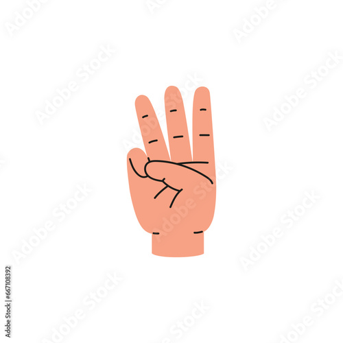 Hand, gesture with three fingers up, vector illustration on white