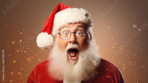 Funny santa claus in christmas hat surprised photo