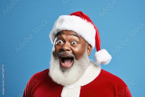 Portrait of happy santa black old man with on red background