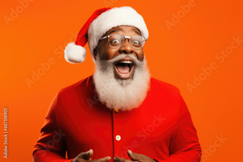 Portrait of happy black man in santa hat celebrating christmas photo