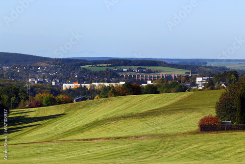 Green fields near the Goltzsch viaduct in Reichenbach-im-Vogtland, Germany