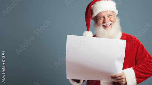 Smiling man in santa claus costume showing blank white paper