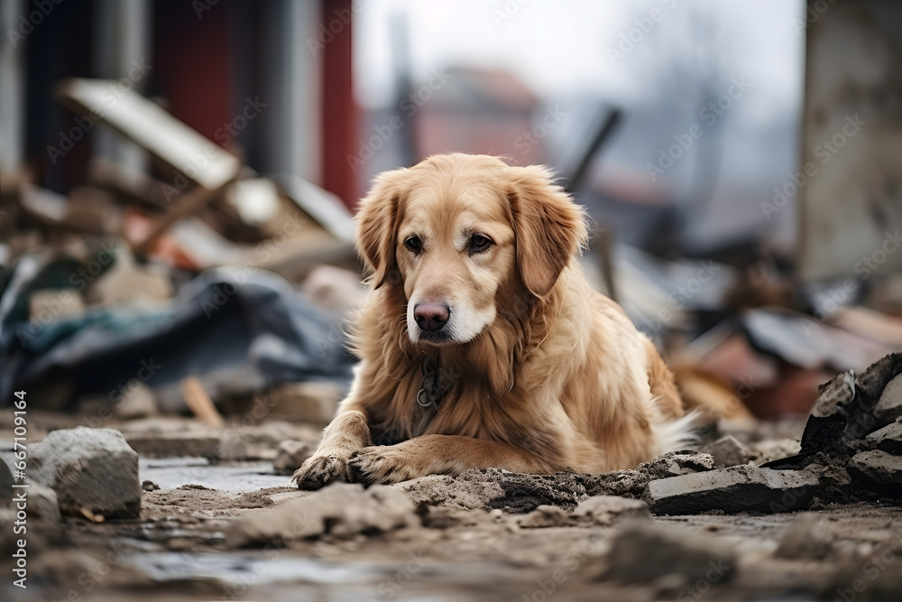 Alone wet dirty Golden Retriever after disaster on the background of house rubble. Neural network generated image. Not based on any actual scene. Alone wet dirty Golden Retriever after disaster on the background of house rubble. Neural network generated image. Not based on any actual scene.