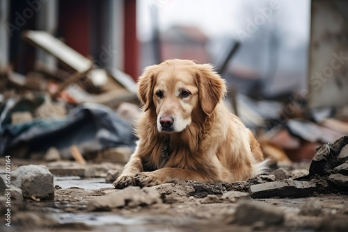 Alone wet dirty Golden Retriever after disaster on the background of house rubble. Neural network generated image. Not based on any actual scene.
