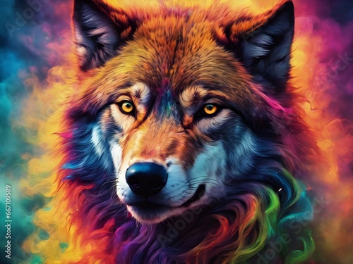 Wolf face with colorful explosion smoke