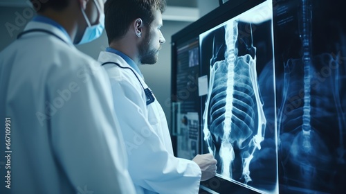 X - ray Imaging: A radiology technician positioning a patient for a chest X - ray. photo
