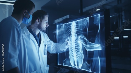 X - ray Imaging: A radiology technician positioning a patient for a chest X - ray.