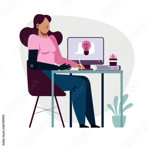 A vector image of a student with a prothesis while the remote study.