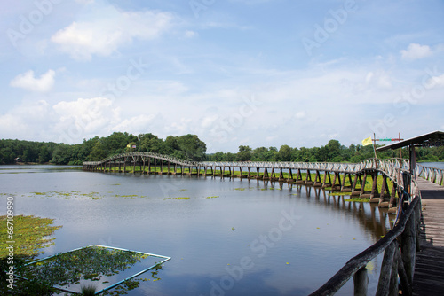 Resak Tembaga Bridge and Ecotourism attraction in Nong Yai Royal Development Initiative Projects and Regulating Reservoir for thai people traveler travel visit on October 11, 2023 in Chumphon Thailand