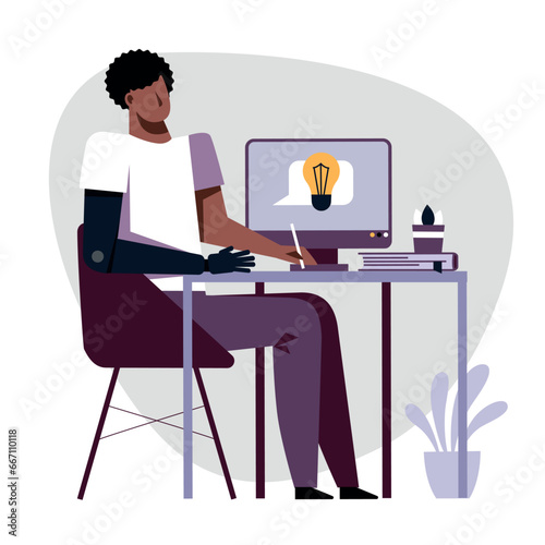 A vector image of a student with a prothesis while the remote study.