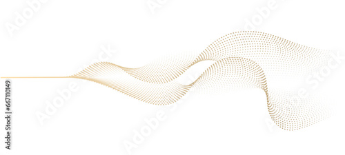 Abstract dot particles wavy flowing 3D curve pattern by gold gradient color on transparent background in concept of luxury, technology, science, music, modern.