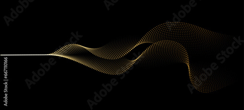 Flowing dots particles wave pattern 3D curve halftone gold gradient curve shape isolated on black background. Vector in concept of luxury, technology, science, music, modern.