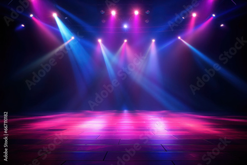 Empty concert stage with illuminated neon glowing spotlights. Stage background with copy space