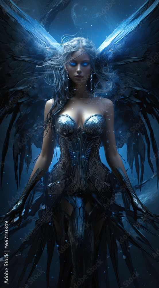 A Blonde Goddes With Immense Blue Wings Floating in a Black Room While Glowing in Blue Particles.