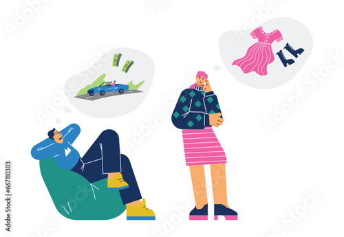 Man dreams of money and a car, woman dreams of new fashionable beautiful clothes, vector gender stereotypes concept