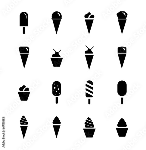 Ice cream black silhouette icons set on white. Balls in waffle cone, soft serve sundae in glass, popsicle on stick. 