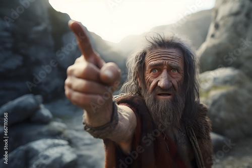 stone age mature gray-haired old man points finger at viewer side. Neural network generated image. Not based on any actual person or scene.