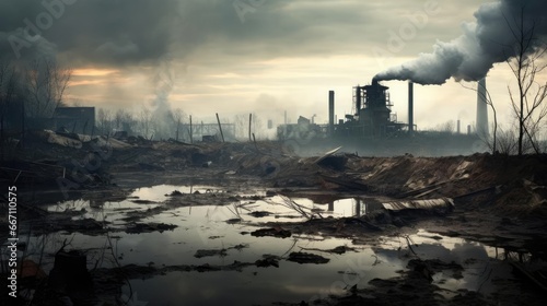 Smoking chimneys of factories in a polluted city  dirt and soot