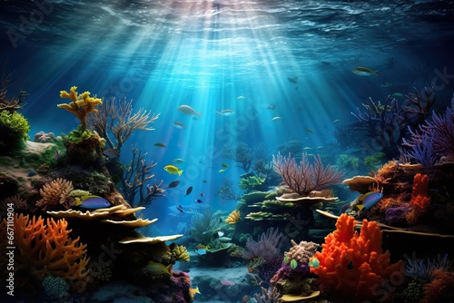 Fashinating Corals surrounded by Fishes at the bottom of the Ocean. Sunrays penetrating through the water Illuminating the Sea Nature. © Luca