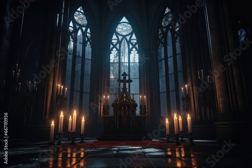 A picture of candles being lit in a dark church with gothic windows. This image can be used to depict religious ceremonies, spirituality, or a somber atmosphere.