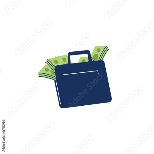 Briefcase with many green banknotes flat style, vector illustration