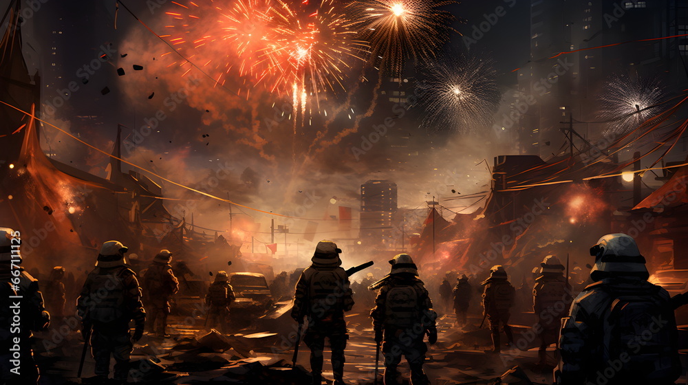 New Year's fireworks during the war. Martial law. Holiday. Military, weapons, gloomy atmosphere. New Year's fireworks during the war. Martial law. Holiday. Military, weapons, gloomy atmosphere.