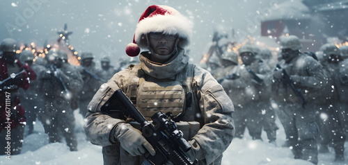 A soldier in a Santa hat stands under the snow with a weapon in his hands